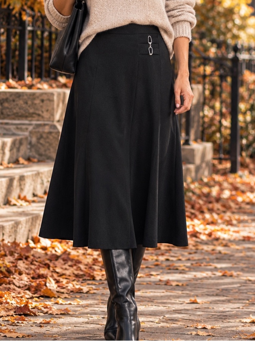 Vanity Fair Black A-Line Midi Skirt Silver Buckle Detail 12